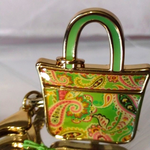 Vera Bradley Enamel Green  Pink & Gold Iconic Paisley 🛍️ Bag KeyRing 🎁 NWT - Picture 3 of 5